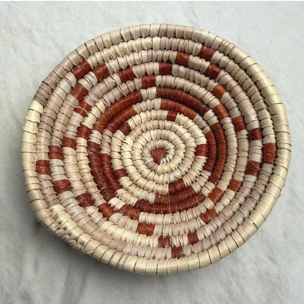 Mini Tohono Oodham Pima Style Coiled Basket Star Design Natural Rust Tiny Gift